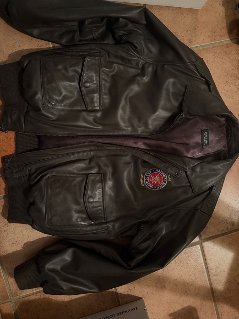 Men's Black Leather Bomber Jacket with Crest Patch